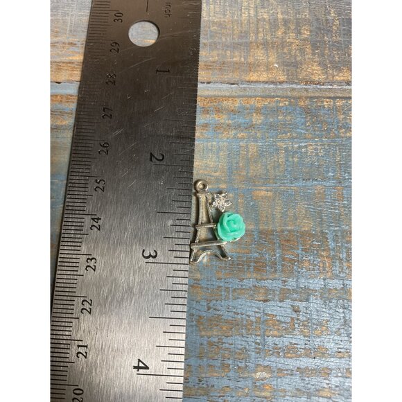 Eiffel Tower Charm Pendant With Turquoise Rose & Clear Rhinestone Accent - Picture 3 of 4